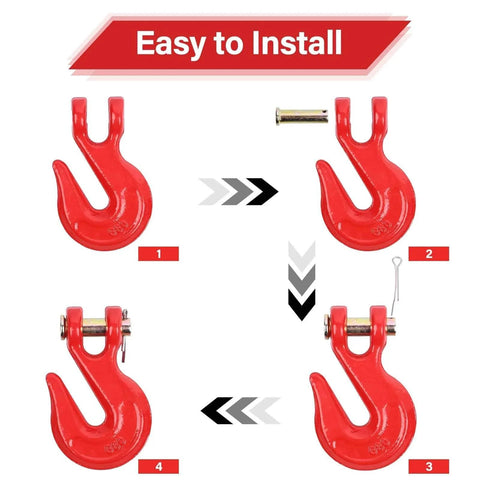 Installation steps for G80 Chain Hook Five Sixteenth Inch Clevis Grab Hooks Pack Of Four Heavy Duty Tow Chain Hooks in red.