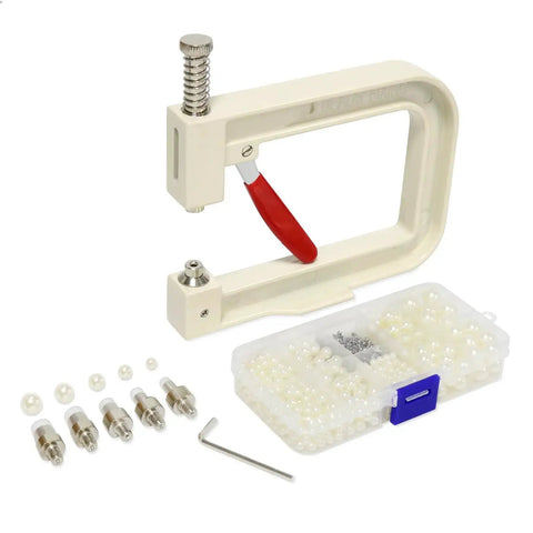 Pearl Setting Hand Press Tool Kit For Clothes, Bags And Hair Accessories With 1700 White Pearl Beads In Five Sizes, 1000 Rivet Studs, Five Press Heads And L Shape Wrench For DIY Craft Decorating, featuring a durable white frame with red grip.