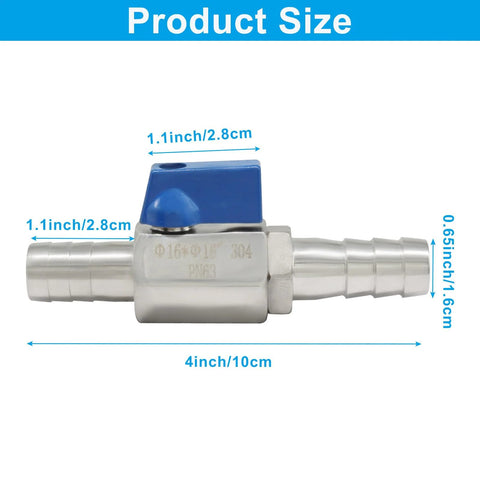 Mini shut-off double barbed ball valve, 304 stainless steel, 5/8 in, blue lever