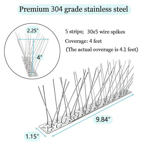 Diagram of Stainless Steel Bird Spikes Deterrent Strips with measurements, including 9.84" length and 4.1 feet coverage description.
