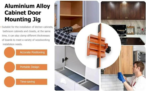 Universal Cabinet Door Mounting Jig For Easy Hinge Alignment And Drilling Template shown in use on wooden cabinet