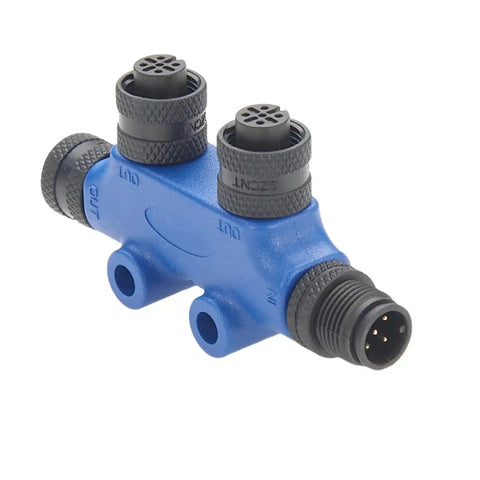 NMEA 2000 N2K T Connector Micro C M12 Backbone Tee Splitter 2 Port IP67 Waterproof Heavy Duty Marine Boat Tee in blue.