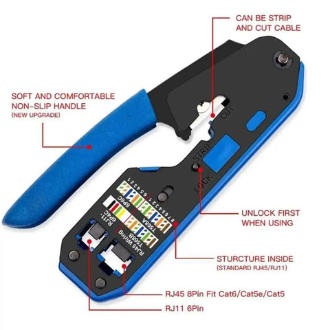 Pro Grade All In One Ethernet Crimp Tool Kit For RJ45 Cat5e Cat6, blue handle, showing RJ45 and RJ11 compatibility features