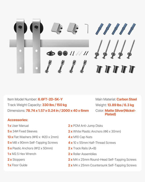Components of 6.6-Foot Brushed Nickel Sliding Barn Door Hardware Kit With 330 Lb Weight Capacity, including screws and rollers.