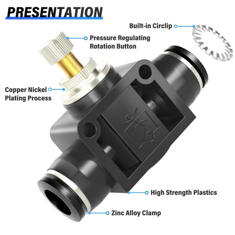 Air Flow Control Valve For Pneumatic Systems With Push To Connect Fitting Inline Speed Controller One Quarter Inch Tube OD To One Quarter Inch Tube OD Black Made Of Plastic And Copper Ideal For Low Speed Cylinders Zero To One Hundred Forty Five PSI Pack, shown at an angle with built-in circlip and pressure regulating rotation button visible, made of high strength plastic.