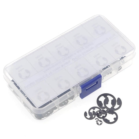 External Retaining Ring E Clip Assortment Kit With 300 Pieces In Ten Metric Sizes From 1.5mm To 10mm Black Alloy Steel Circlips
