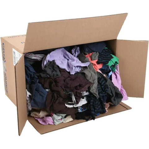 Box of low lint reclaimed cotton polo shop rags, assorted colors, 10 lbs, for auto home and workshop use, eco-friendly and reusable.