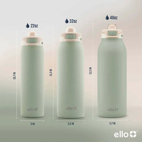 Comparison of Pop And Fill 22oz, 32oz, and 40oz Stainless Steel Water Bottles with Quick Fill Lid, Pistachio color.