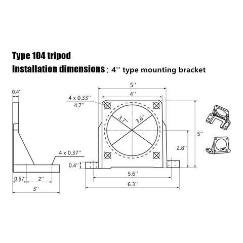 Technical drawing of Heavy Duty Aluminum Motor Mounting Bracket For 180W To 370W AC Gear Reducers With A Four Hole Base showing dimensions.