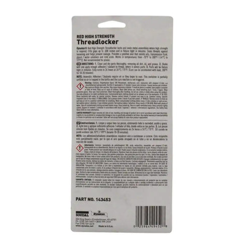 Back of Red High Strength Threadlocker For Large Fasteners Two Pack 0.81 Oz Bottles showing detailed instructions and warnings.