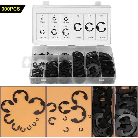 300 Piece Circlip Assortment Set With External 304 Stainless Steel Retaining Clips For Axles And Shafts Nine Sizes For Replacement Projects Easy Slip On E Clip Kit For Automotive And Machinery in transparent case