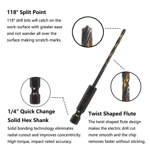 Diagram of 10 Pcs 7 64th Inch Impact Hex Drill Bit Set With Quick Change Driver HSS Black Gold Bits features, showing split point and shank.