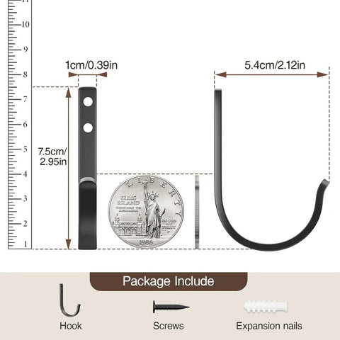 Dimensions of Wall Hooks 5 Pack 22 Lb Screw In Metal Hangers with ruler and coin for reference.