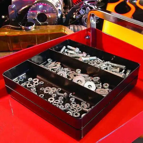 Two Pack Three Compartment Organizer Tray In Black 10.5 By 10.5 Inches Stackable Design Fuel And Solvent Resistant in use