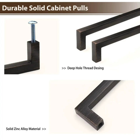 10 Pack Oil Rubbed Bronze Solid Zinc Cabinet Pulls, 5 Inch Center to Center, details of square design and deep hole thread