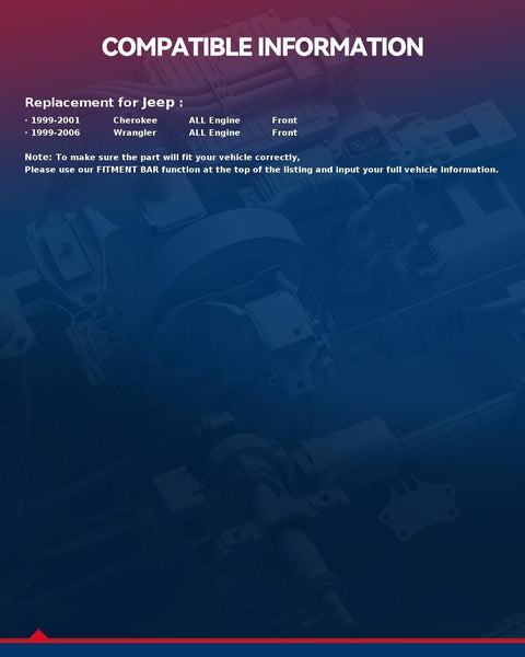 Compatibility information for front wheel bearing and hub assembly replacement for Jeep Wrangler 1999-2006 and Cherokee 1999-2001.