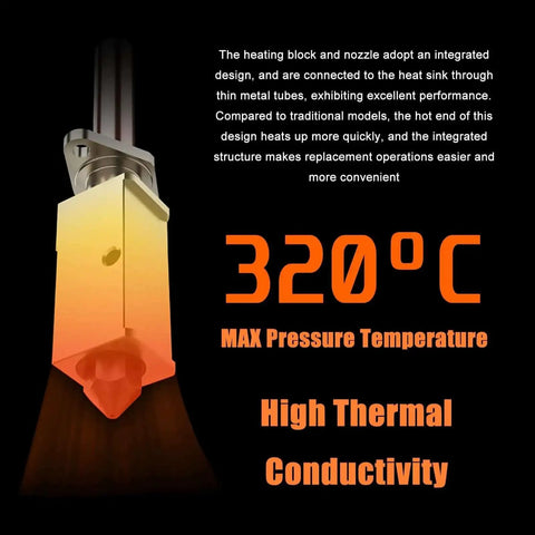 Pro Grade P1P P1S Hardened Steel Hotend Kit With Fan For P1 Series highlighting 320°C max pressure temperature and thermal conductivity