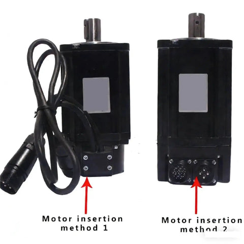 Two black 220V 1000W AC servo motors with shafts, cables and mounting plates for home improvement.