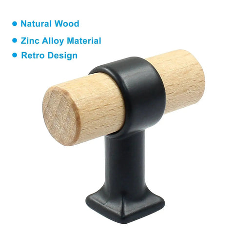 4 Pack Wood Cabinet T Knobs With Screws For Drawers And Cupboards, 40mm Diameter T Bar Drawer Knob displaying natural wood and zinc alloy