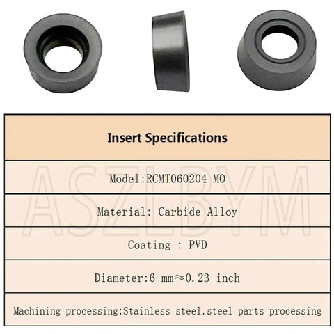 11 Piece RCMT060204 MO R3 Round Carbide Inserts Set With SRDCN 1212H06 Half Inch Shank Lathe Tool Holder And T8 Wrench For Milling And Turning Metal Lathe Tools - round carbide inserts with specifications chart showing material, coating, diameter.