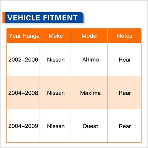 Vehicle fitment chart for Nissan Altima 2002-2006, Maxima 2004-2008, Quest 2004-2009 with rear note