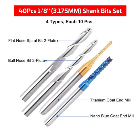 40 Piece Pro Grade All In One CNC Router Bits Set With 1/8 Inch Shank Ball Nose And Flat Nose End Mills, 2 Flute, Nano Blue Coat And Titanium Coat, Engraving Milling Cutter Kit For Wood Metal Plastic, High Precision Tungsten Carbide showing flat and ball nose bits