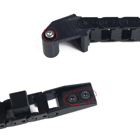 Close-up of K1 Max Drag Chain Cable Carrier for 3D Printer Upgrades, showing black flat cable chain, connections, and open type design.