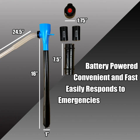 Portable Battery Powered Liquid Transfer Pump 2.2 GPM with batteries and hose, showing dimensions for size reference.