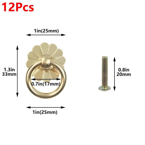 Antique brass ring pull handle and screw with dimensions, part of Brass Ring Pull Handles Set Of 12 For Cabinets And Drawers Antique Style Knobs.