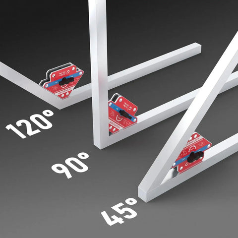 Switchable Arrow Welding Magnet With 44 Lbs Magnetic Holding Force, Multi Angle Welding Holder For Precise Joints And Quick Positioning, On Off Switch, Pro Grade Heavy Duty Magnetic Clamp For Fabrication And Assembly By YesWelder holding metal at 120, 90, 45 degree angles