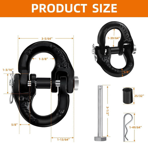 Half Inch Hammerlock Coupling Link With Two RPins Safety Chain Connector size details, black, for RVs, UTVs, trucks, and trailers.