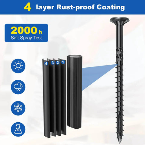 Deck Screws Kit With 120 Piece Wood Screws Assortment In Four Sizes From One And A Half Inches To Three Inches, Rust Resistant Torx Star Bit Flat Head Black Finish For Woodworking Projects On The Go