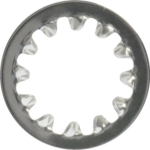 Front view of stainless steel 1/4-inch internal-tooth lock washer.