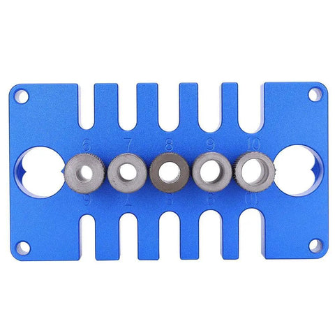 Front view of a 3 In 1 Woodworking Drill Guide And Punch Positioner With Pro Grade Precision Aluminum Alloy Dowel Jig in blue, 125mm x 70mm x 30mm.