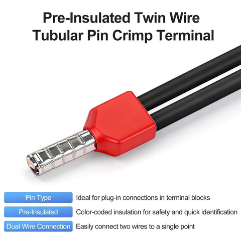 Twin Insulated Ferrule Crimp Connectors For Heavy Duty 22 AWG 0.5 MM2 Copper Wire Pin Cord End Terminals TE0508 close-up