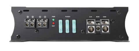 Back view of the Beast 2000W Monoblock Class D Car Amplifier with terminal connections and fuses visible.
