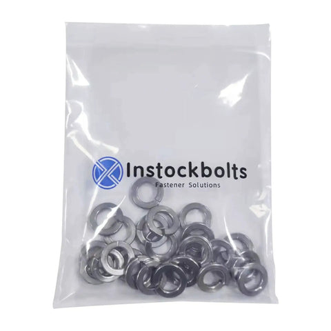 Split lock washers, 1/2 in ID x 0.869 in OD, 304 stainless steel, 25 pcs in Instockbolts bag (front view).