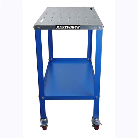 Rust Free Welding Table 36 By 18 Inches Beefed Up Universal Work Cart With Five Eighth Inch Hole Pattern Thirteen Gauge Top 1200 Lb Load Capacity Heat Resistant Up To 1600 Fahrenheit Ideal Welding Surface For Metal Fabrication And Shop Projects, front view.