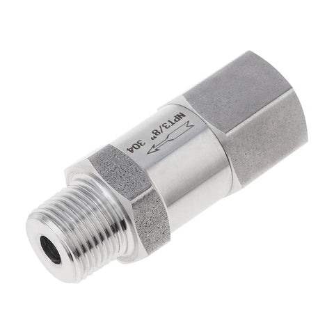 304 stainless steel check valve with 3/8 NPT male to female threads, inline backflow preventer