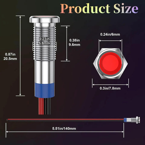 Rugged 12V LED Indicator Light Set Waterproof Metal Flat Head Pilot Lamps With Wire 6mm Mounting Holes Product Size Diagram