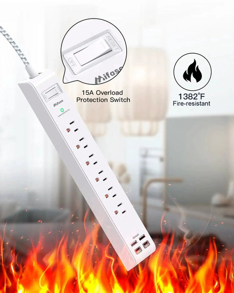 10 In 1 Surge Protector Power Strip With 6 Outlets And 4 USB Ports Fast Charging, 5Ft Braided Extension Cord, Flat Plug