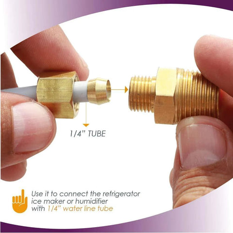 Brass ice maker water line fitting, 3/8 NPT male to 1/4 compression, two fittings joined by gray tube