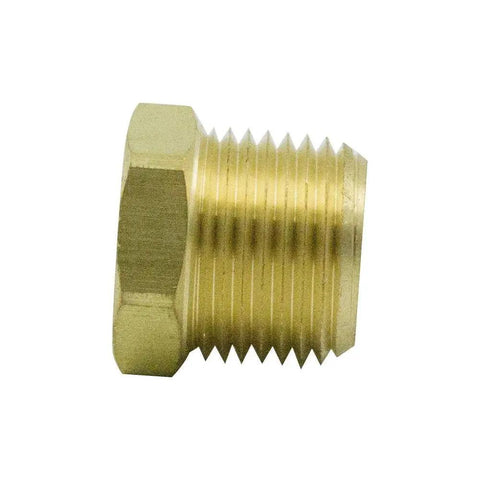 Side view of Brass Pipe Fitting Hex Bushing One Half Inch NPT Male To Three Eighth Inch NPT Female Adapter 1200 PSI Pack Of 2.