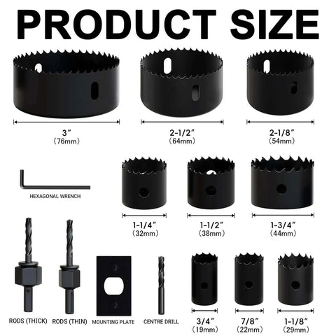 Durable 14 Piece Hole Saw Kit With Mandrel And Accessories For Soft Wood And PVC Board Home Projects Includes Nine Hole Saw Sizes From Three Quarter Inch To Three Inch With Mounting Plate Hex Key Pilot Drills And Two Arbors METOTY parts layout.
