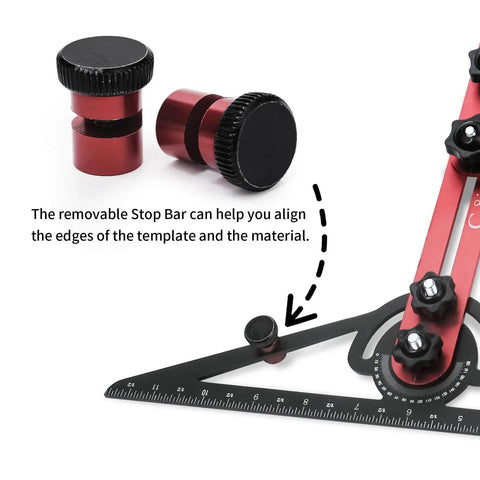 Stair Gauge And Layout Tool Set With Flexible Extension Beams For Precise Measuring And Scribing, Red-Gray, showing removable stop bar