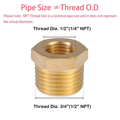 Brass NPT Reducer Bushing 1/2 Inch Male To 1/4 Inch Female Reducing Pipe Fitting with thread size diagram