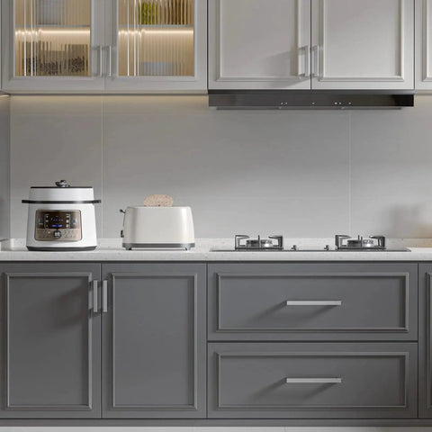 Modern kitchen with gray cabinetry featuring 30 Pack 5 Inch Brushed Nickel Cabinet Pulls Square Drawer Handles For Kitchen Cabinets Cupboards And Dressers
