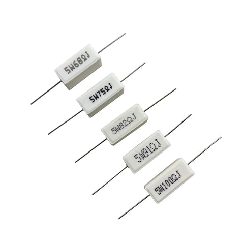 Six white 5W ceramic cement resistors with axial leads.