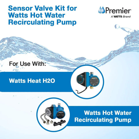 Sensor Valve Kit for Watts Hot Water Recirculating Pump by Premier; blue pump with fittings, supply lines, screws