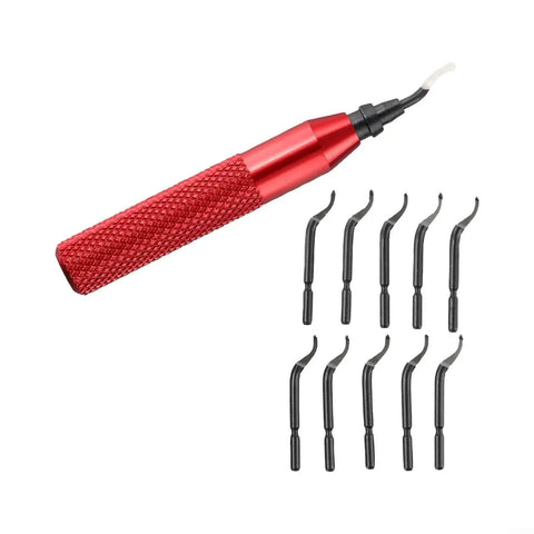 Versatile RB3000 Deburring Tool Set With 10 BK3010 HSS Blades For CNC Machining And 3D Printing Finishing On Steel Aluminum Wood And Plastic Red Storage Handle Included Ergonomic Design Easy Blade Replacement For Safe Burr Removal And Clean Edges.